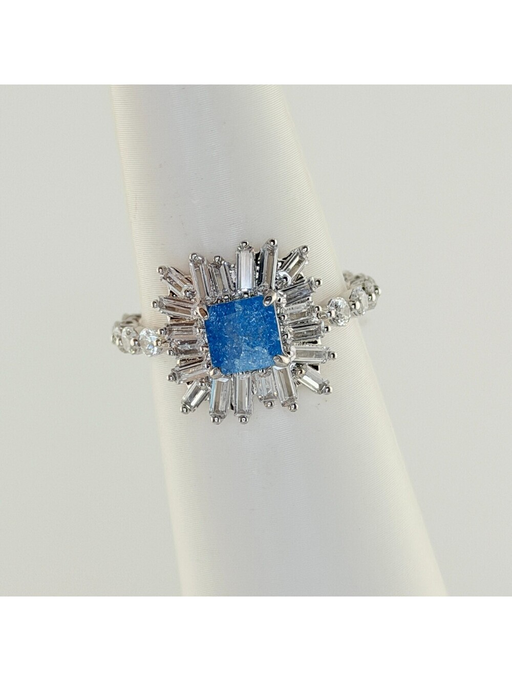 Bomb Party Ring Sz 9 "Bloom With A Boom" Aqua Blue Ice Crystal on Rhodium